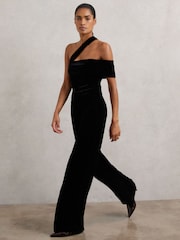Reiss Black Daria Velvet One-Shoulder Wide-Leg Jumpsuit - Image 5 of 7