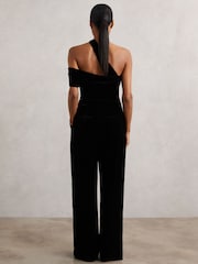 Reiss Black Daria Velvet One-Shoulder Wide-Leg Jumpsuit - Image 6 of 7