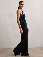 Reiss Teal Green Daria Velvet One-Shoulder Wide-Leg Jumpsuit - Image 1 of 6
