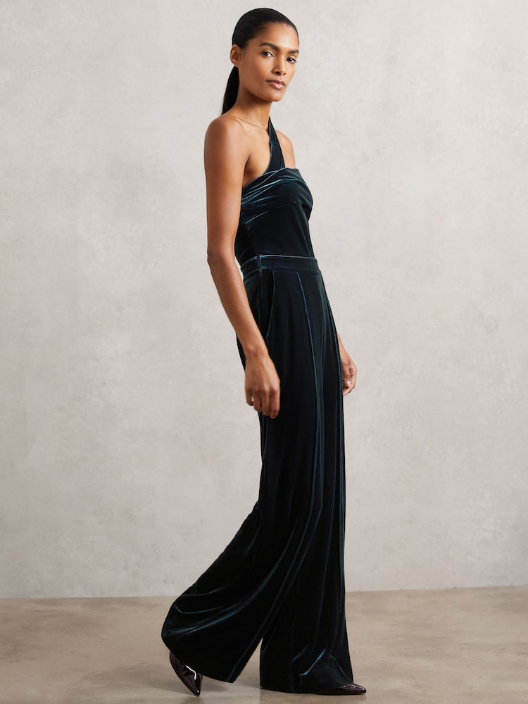 Reiss Teal Green Daria Velvet One-Shoulder Wide-Leg Jumpsuit - Image 1 of 6 Reiss Teal Green Daria Velvet One-Shoulder Wide-Leg Jumpsuit - Image 1 of 6
