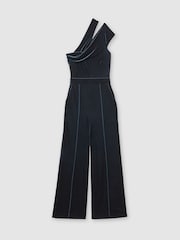 Reiss Teal Green Daria Velvet One-Shoulder Wide-Leg Jumpsuit - Image 2 of 6
