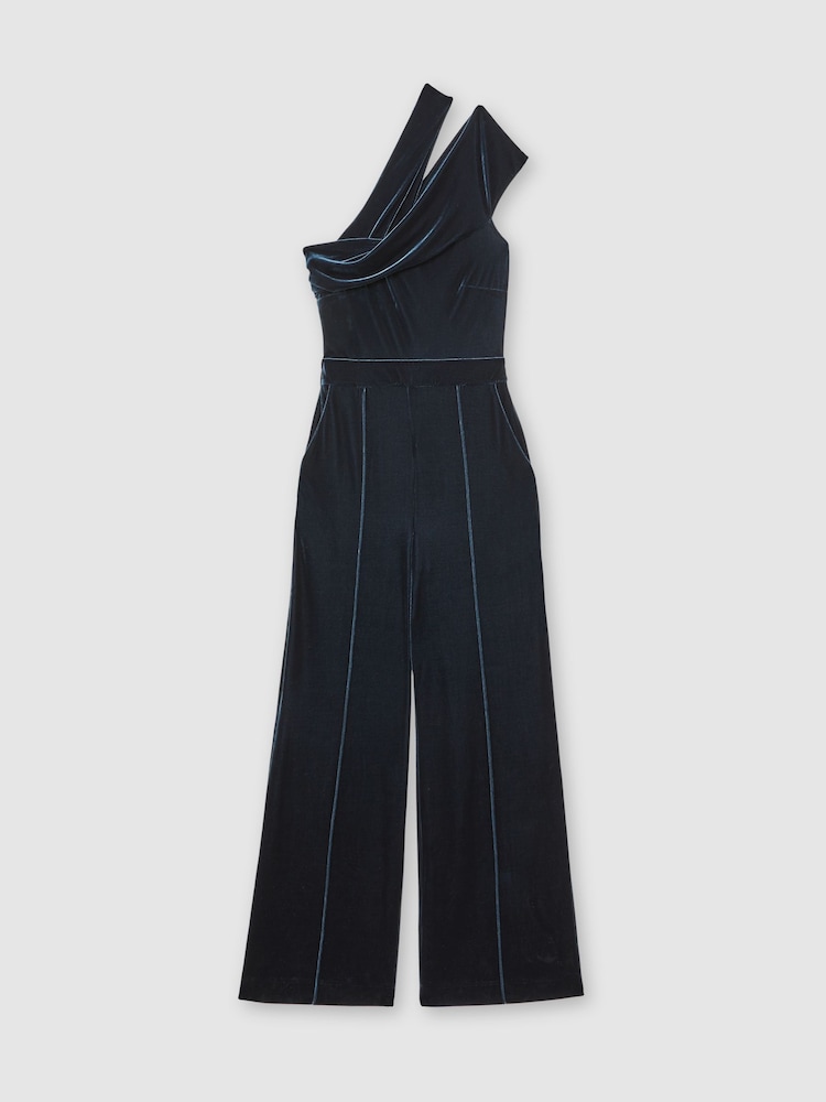 Reiss Teal Green Daria Velvet One-Shoulder Wide-Leg Jumpsuit - Image 2 of 6 Reiss Teal Green Daria Velvet One-Shoulder Wide-Leg Jumpsuit - Image 2 of 6
