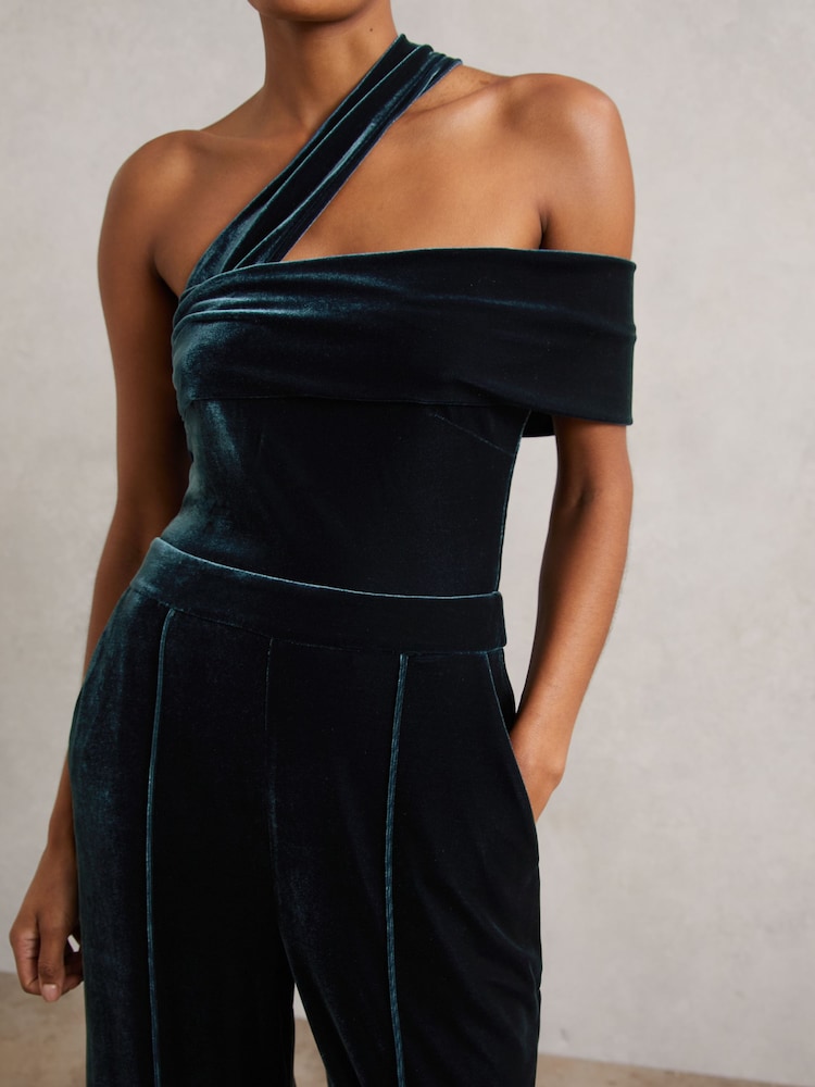 Reiss - Teal Green Velvet One-shoulder Wide-leg Jumpsuit, 14 Reiss - Teal Green Velvet One-shoulder Wide-leg Jumpsuit, 14