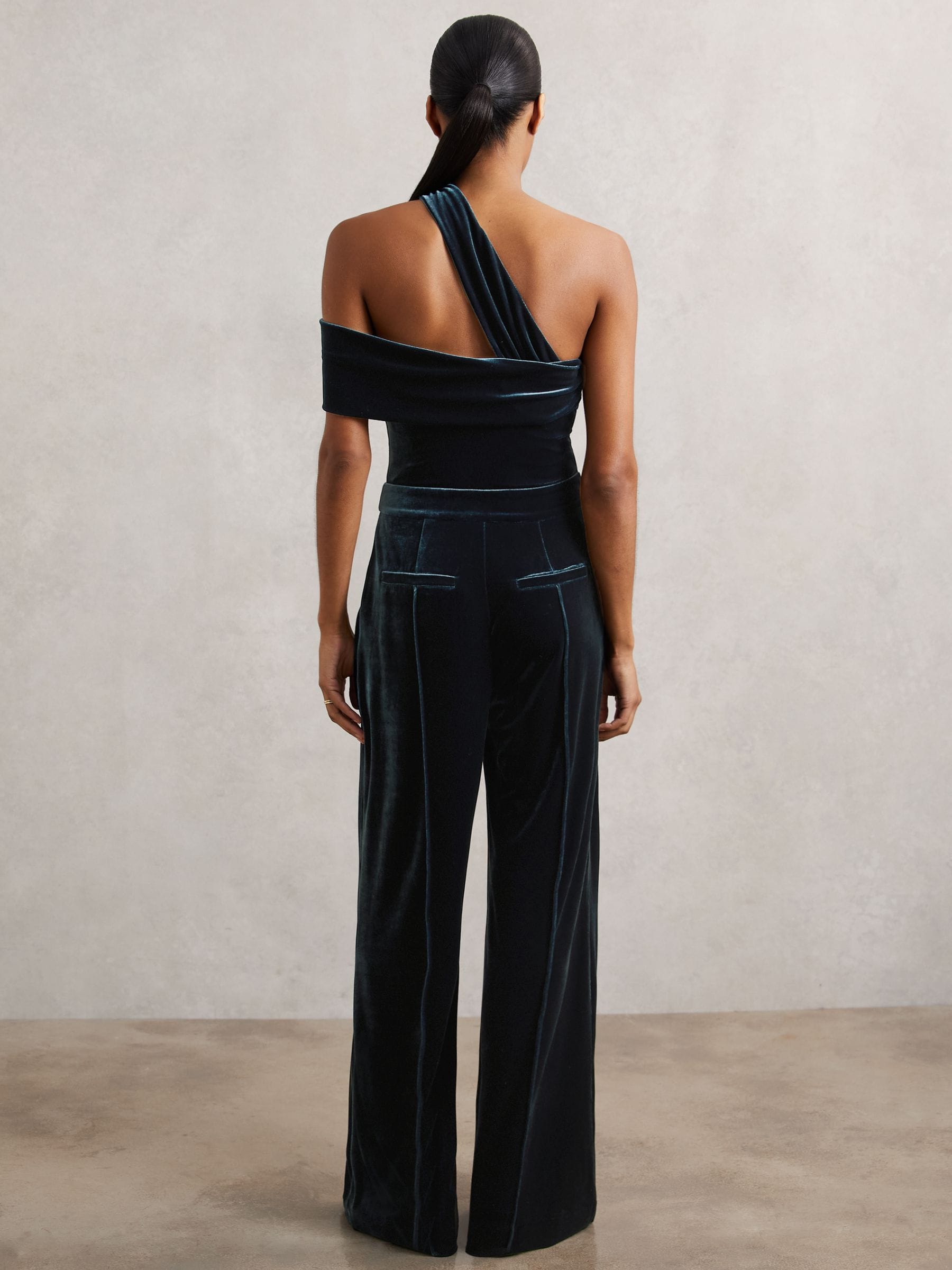 Buy Reiss Teal Green Daria Velvet One-Shoulder Wide-Leg Jumpsuit