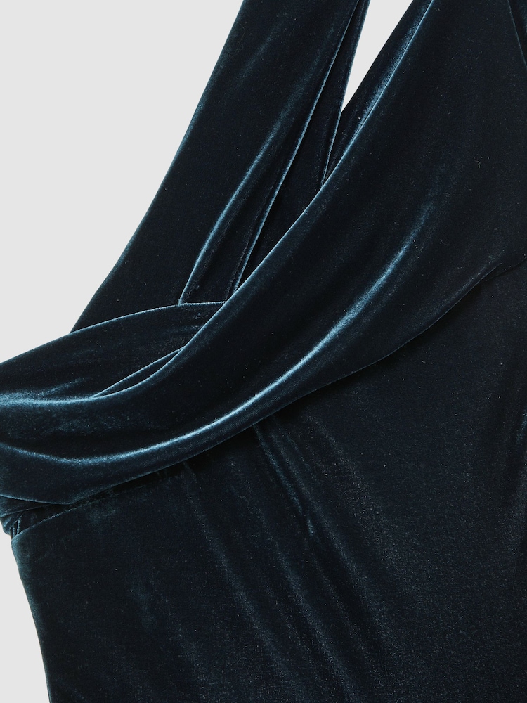 Reiss Teal Green Daria Velvet One-Shoulder Wide-Leg Jumpsuit - Image 6 of 6 Reiss Teal Green Daria Velvet One-Shoulder Wide-Leg Jumpsuit - Image 6 of 6