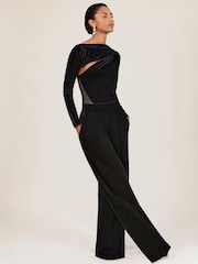 Reiss Black Karolina Velvet Sheer-Panel Wide-Leg Jumpsuit - Image 1 of 6