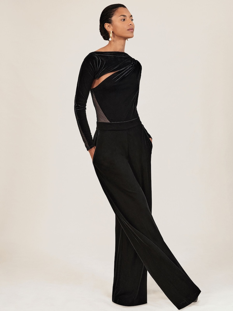 Reiss Black Karolina Velvet Sheer-Panel Wide-Leg Jumpsuit - Image 1 of 6