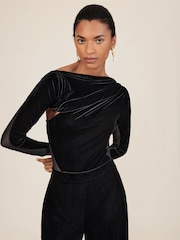 Reiss Black Karolina Velvet Sheer-Panel Wide-Leg Jumpsuit - Image 4 of 6