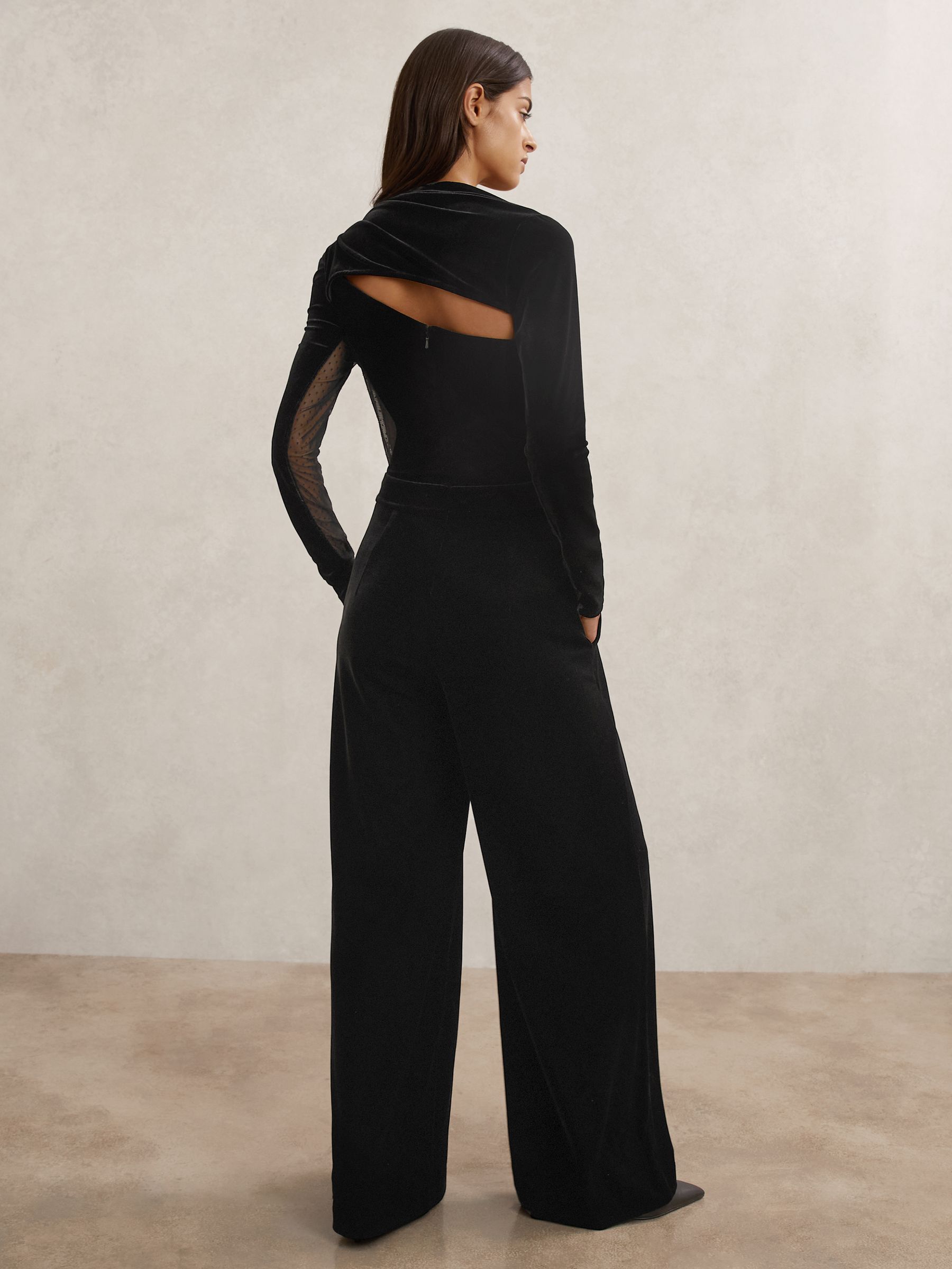 Buy Reiss Black Karolina Velvet Sheer-Panel Wide-Leg Jumpsuit from