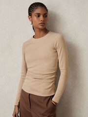 Reiss Camel Tessa Cotton Long-Sleeve Ruched T-Shirt with Stretch - Image 1 of 5