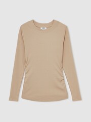 Reiss Camel Tessa Cotton Long-Sleeve Ruched T-Shirt with Stretch - Image 2 of 5