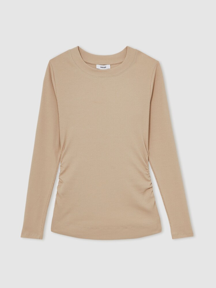Reiss Camel Tessa Cotton Long-Sleeve Ruched T-Shirt with Stretch - Image 2 of 5