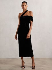 Reiss Black Dalia Velvet One-Shoulder Midi Dress - Image 1 of 6