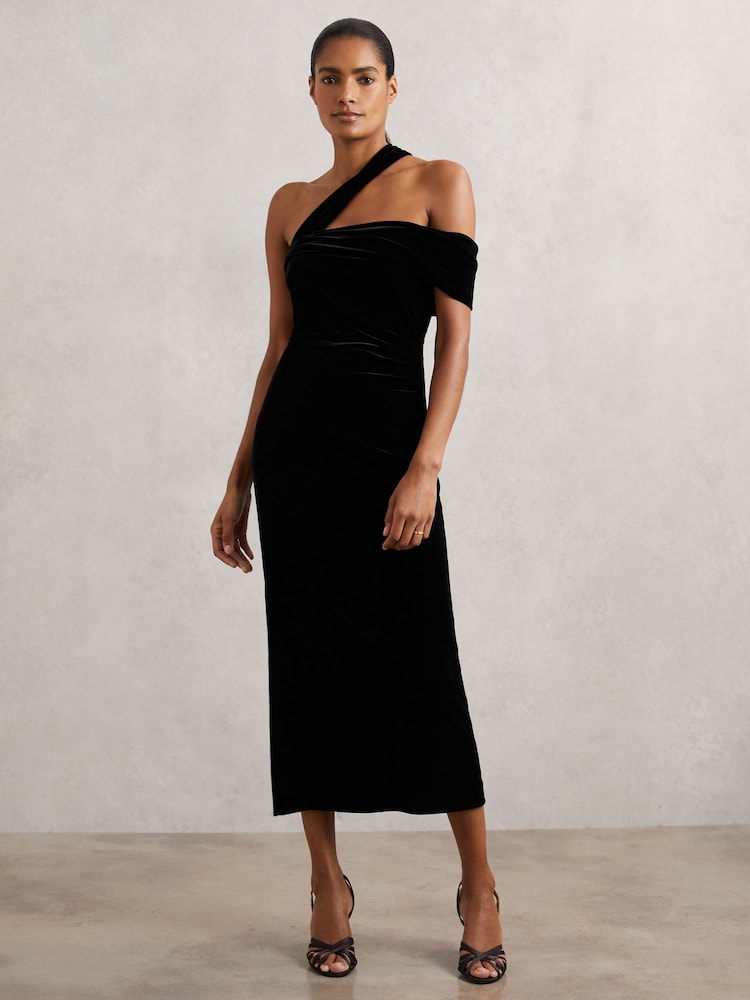 Reiss Black Dalia Velvet One-Shoulder Midi Dress - Image 1 of 6