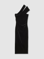 Reiss Black Dalia Velvet One-Shoulder Midi Dress - Image 2 of 6
