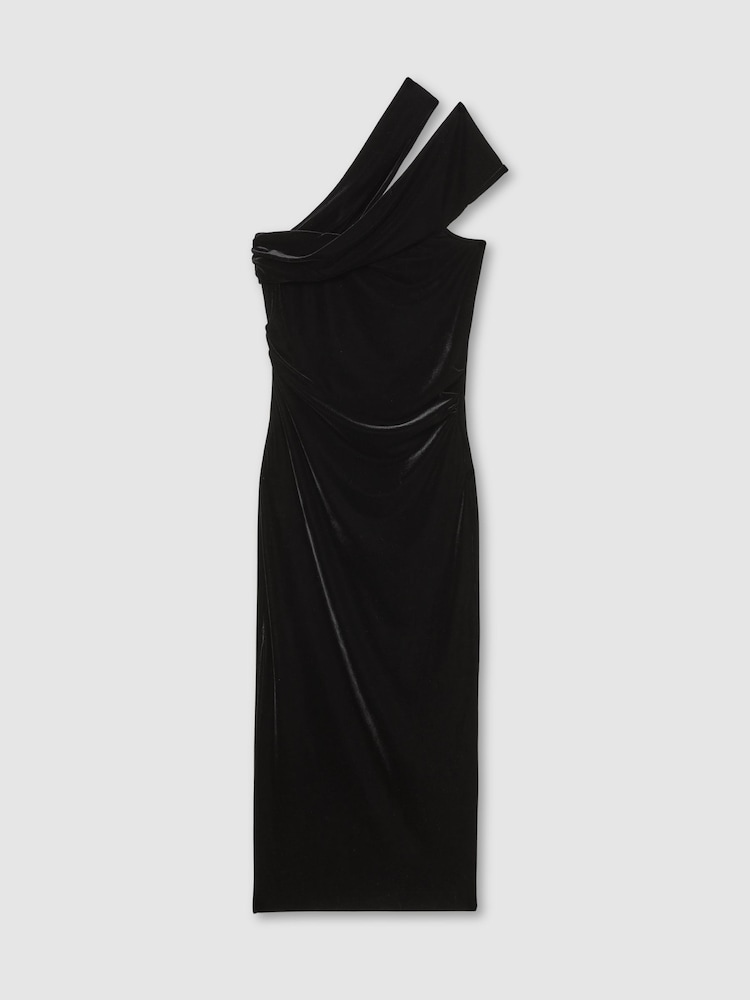 Reiss Black Dalia Velvet One-Shoulder Midi Dress - Image 2 of 6