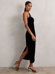 Reiss Black Dalia Velvet One-Shoulder Midi Dress - Image 3 of 6