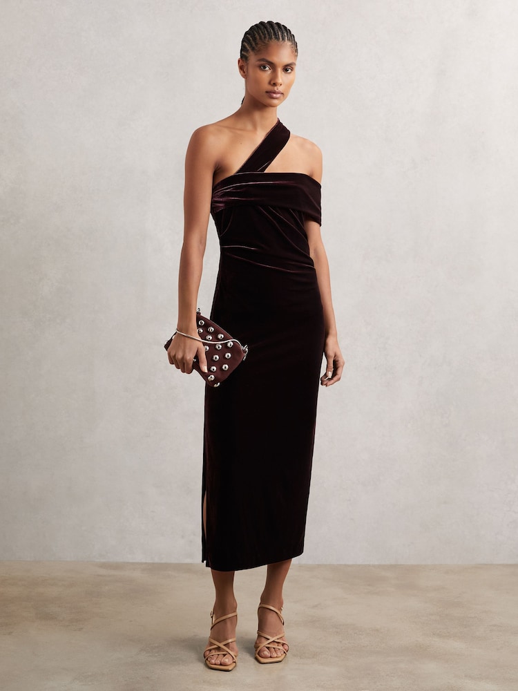 Reiss Burgundy Dalia Velvet One-Shoulder Midi Dress - Image 1 of 6