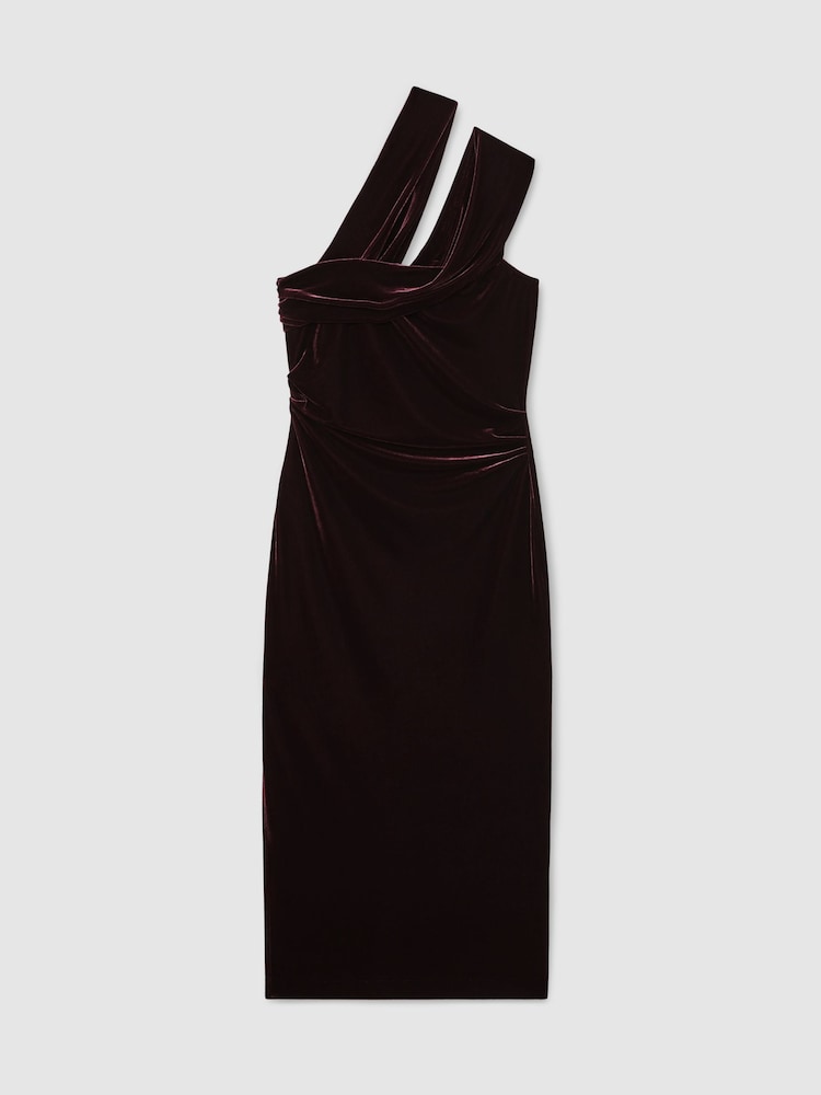 Reiss Burgundy Dalia Velvet One-Shoulder Midi Dress - Image 2 of 6