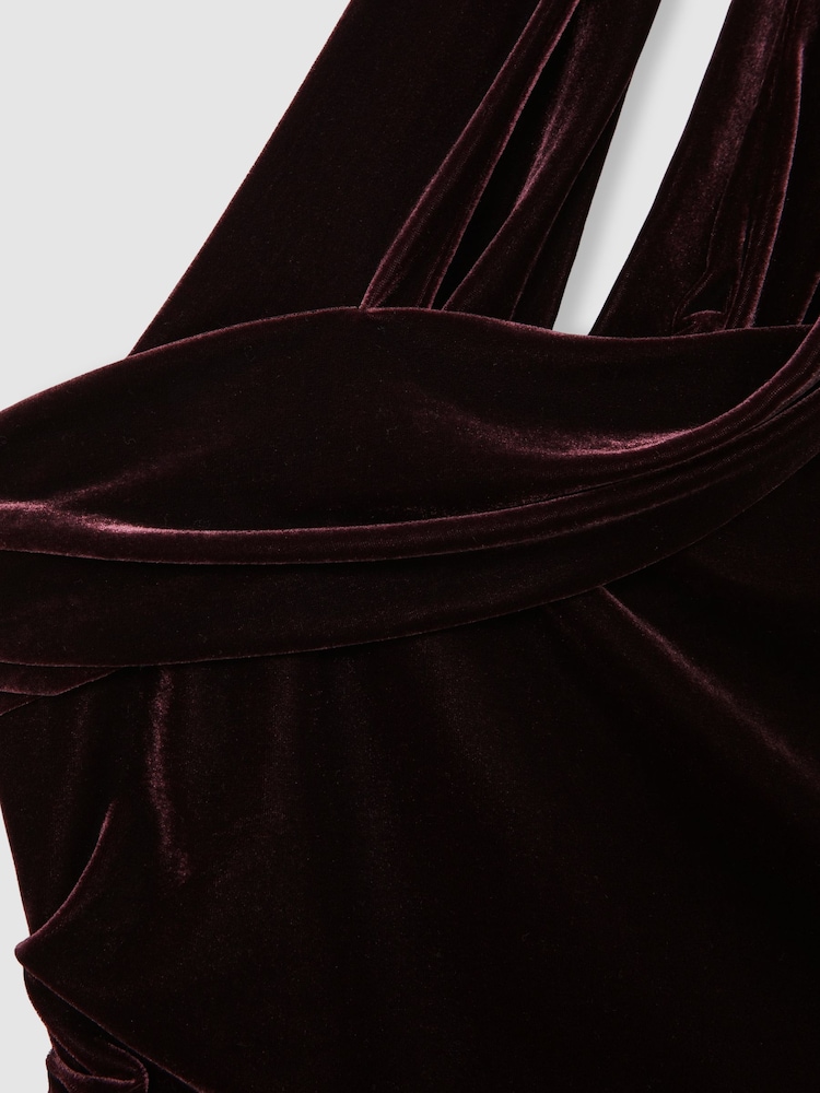 Reiss Burgundy Dalia Velvet One-Shoulder Midi Dress - Image 6 of 6