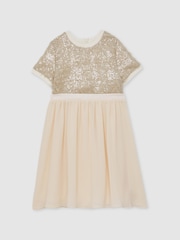 Reiss Champagne Bee 13-14 yrs Sequin-Top Chiffon-Skirt Dress - Image 1 of 4