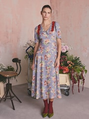 Cath Kidston Lilac Purple Violet Floral Bunches Viscose Slit Front Bow Fit and Flare Midi Dress - Image 1 of 7