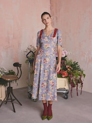Cath Kidston Lilac Purple Violet Floral Bunches Viscose Slit Front Bow Fit and Flare Midi Dress - Image 2 of 7