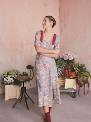 Cath Kidston Lilac Purple Violet Floral Bunches Viscose Slit Front Bow Fit and Flare Midi Dress - Image 3 of 7