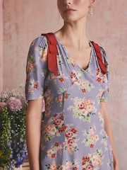 Cath Kidston Lilac Purple Violet Floral Bunches Viscose Slit Front Bow Fit and Flare Midi Dress - Image 4 of 7