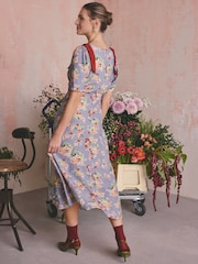Cath Kidston Lilac Purple Violet Floral Bunches Viscose Slit Front Bow Fit and Flare Midi Dress - Image 5 of 7