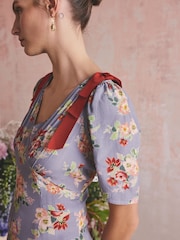 Cath Kidston Lilac Purple Violet Floral Bunches Viscose Slit Front Bow Fit and Flare Midi Dress - Image 7 of 7