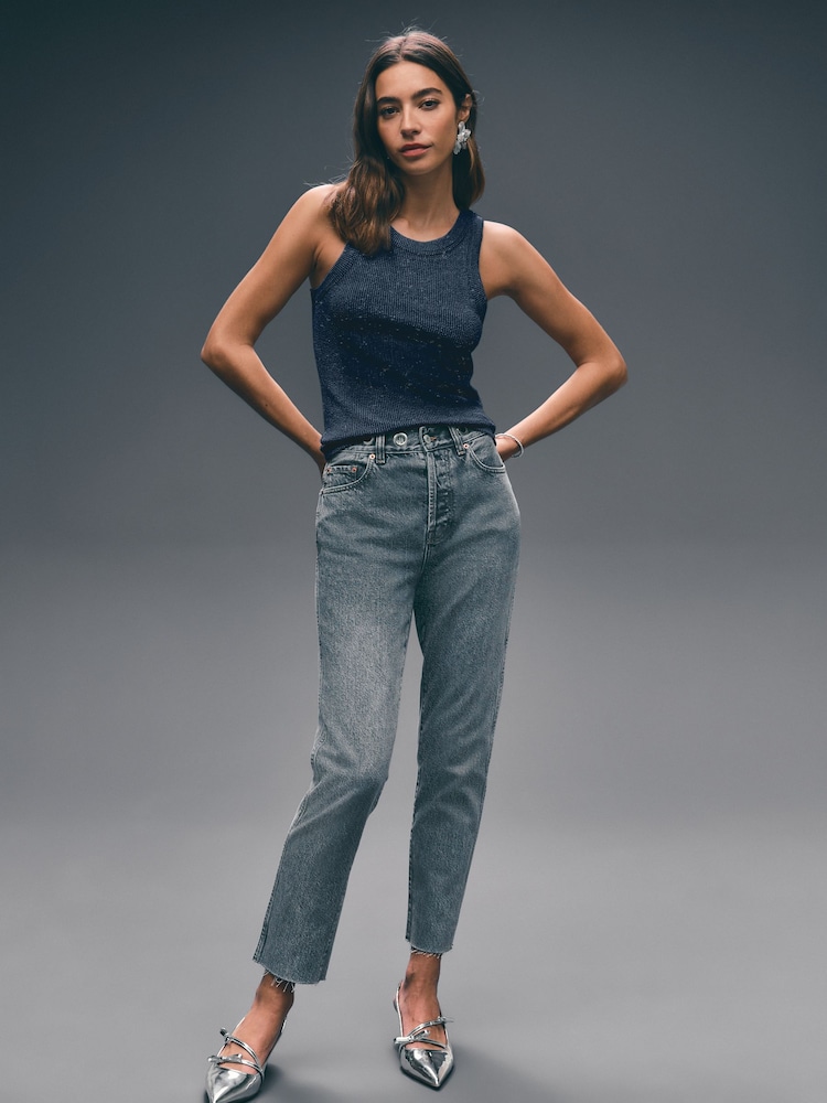 Navy Ribbed Racer Tank - Image 1 of 3