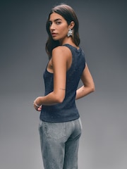 Navy Ribbed Racer Tank - Image 2 of 3