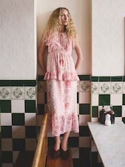 Cath Kidston Pink Floral Ruffle Detail Short Sleeve Maxi Dress With Tie Neck - Image 1 of 4