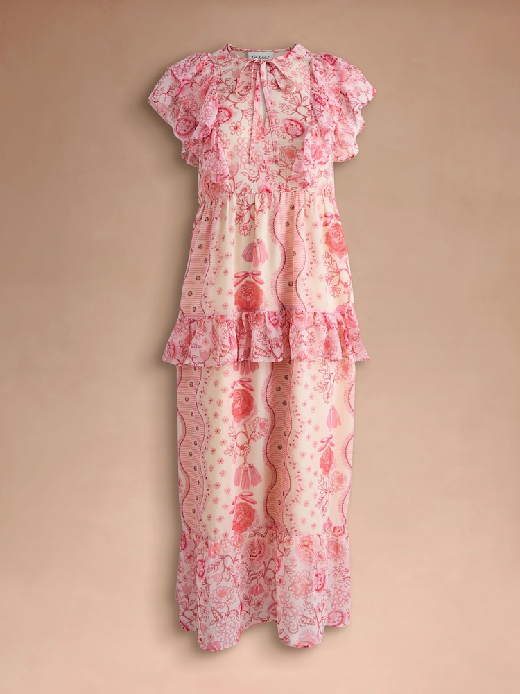 Cath Kidston Pink Floral Ruffle Detail Short Sleeve Maxi Dress With Tie Neck - Image 2 of 4 Cath Kidston Pink Floral Ruffle Detail Short Sleeve Maxi Dress With Tie Neck - Image 2 of 4
