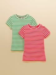 Joules Sophie Pink Red & Green Ribbed Short Sleeve T-Shirts 2 Pack - Image 1 of 7