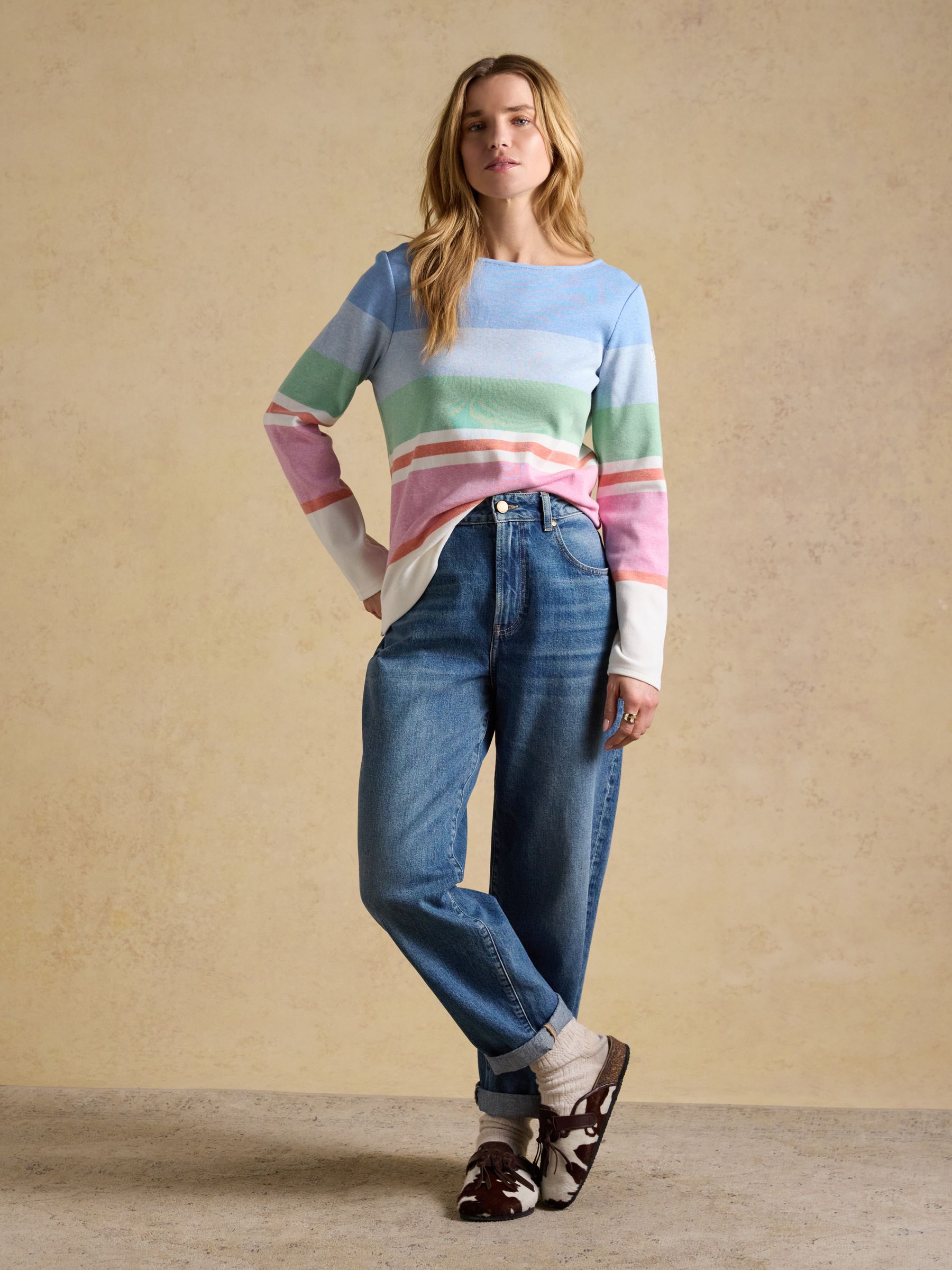 Joules Women's Harbour Boat Neck 100% Cotton Breton Top Multi Striped Size 22