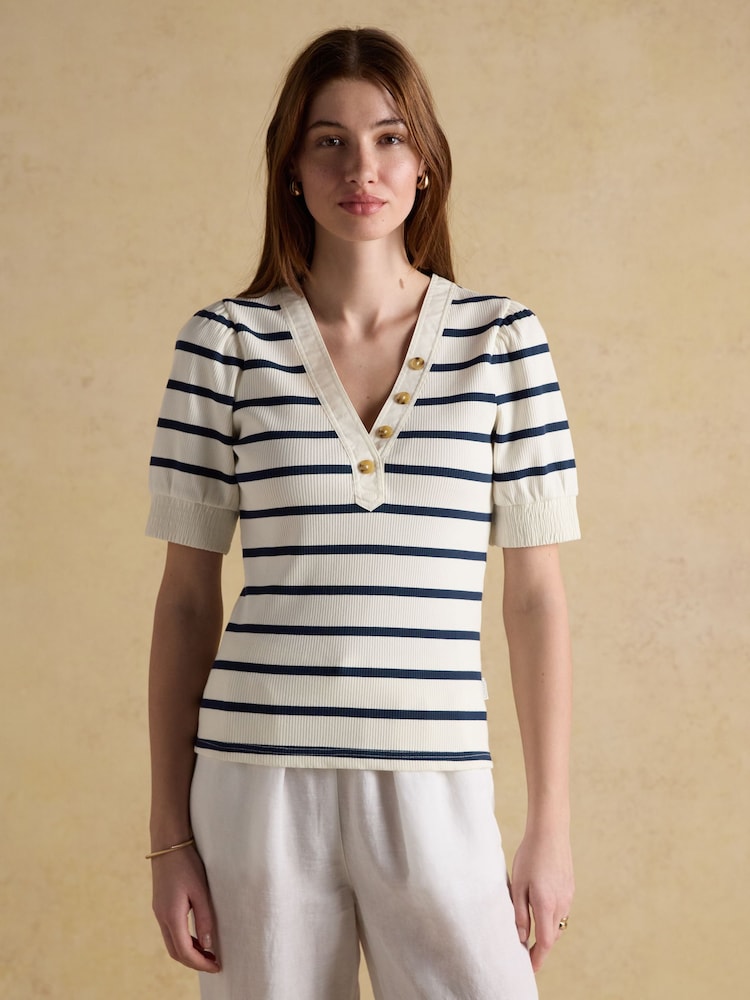 Joules Tabitha Ribbed V-Neck Jersey Top with Puff Sleeves - صورة 1 من 7