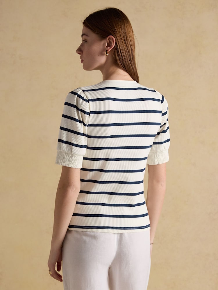 Joules Tabitha Ribbed V-Neck Jersey Top with Puff Sleeves - صورة 2 من 7