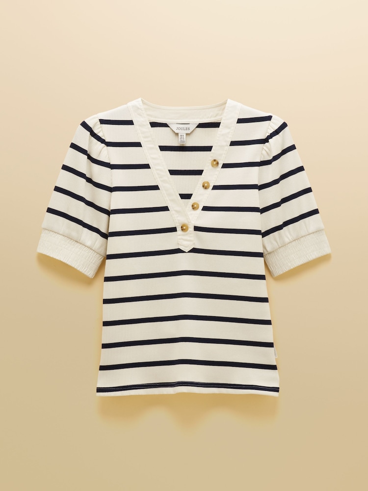 Joules Tabitha Ribbed V-Neck Jersey Top with Puff Sleeves - صورة 7 من 7