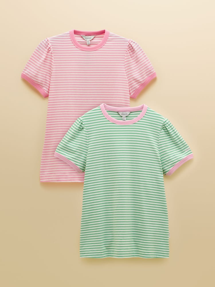 Joules Erin Green & Pink Stripe Short Sleeve T-Shirts 2 Pack - Image 1 of 7