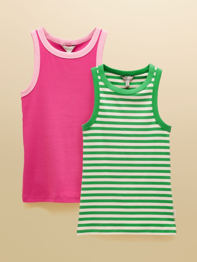 Joules Sofia Pink & Green Striped Ribbed Jersey Vests 2 Pack - Image 1 of 7