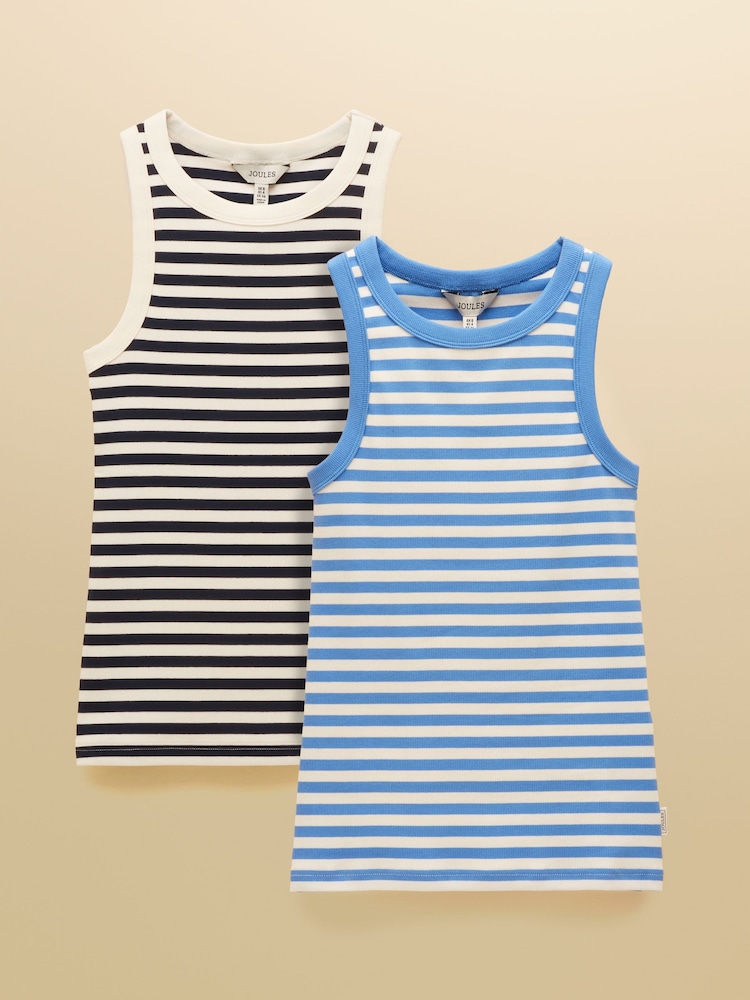 Joules Sofia Blue & Navy Striped Ribbed Jersey Vests 2 Pack - Image 1 of 7