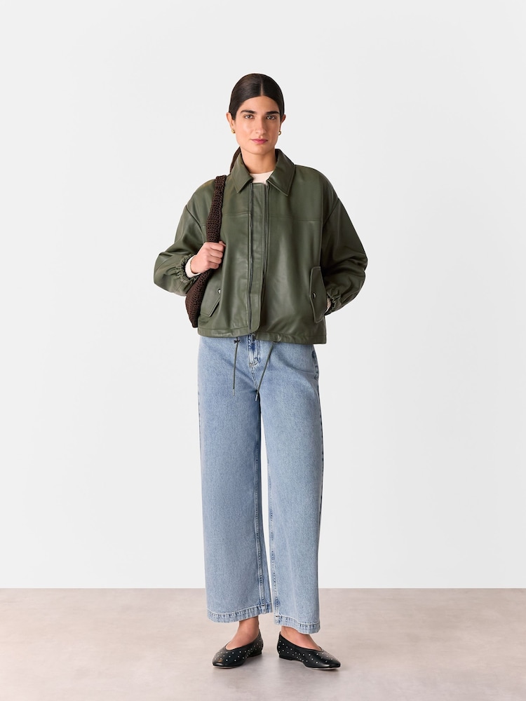 Whistles Green Frida Leather Bomber Jacket - Image 2 of 5 Whistles Green Frida Leather Bomber Jacket - Image 2 of 5