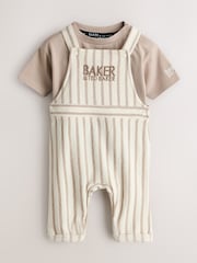 Baker by Ted Baker Stone Striped Dungaree and Short Sleeve T-Shirt Set - Image 1 of 8