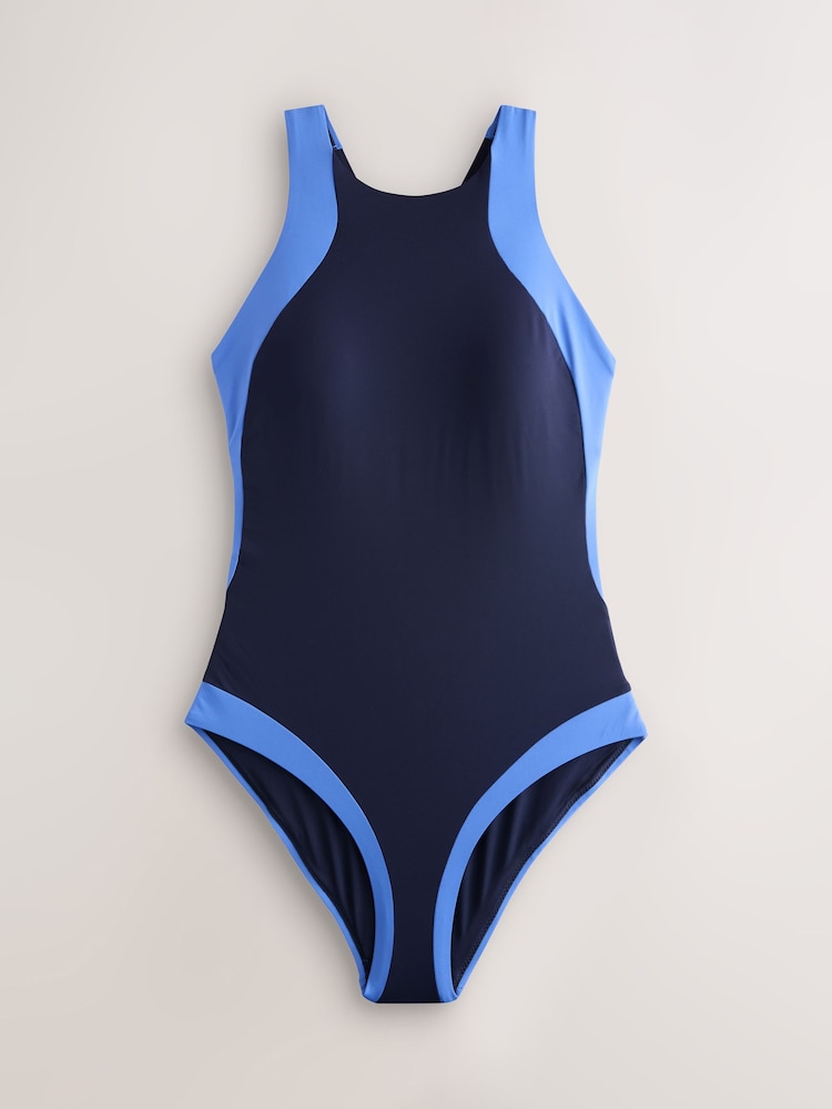 Navy/Blue High Neck Halterneck Tummy Control Swimsuit - Image 1 of 4 Navy/Blue High Neck Halterneck Tummy Control Swimsuit - Image 1 of 4