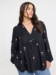 Simply Be Black Embroidered Floral V-Neck Blouse - Image 1 of 4