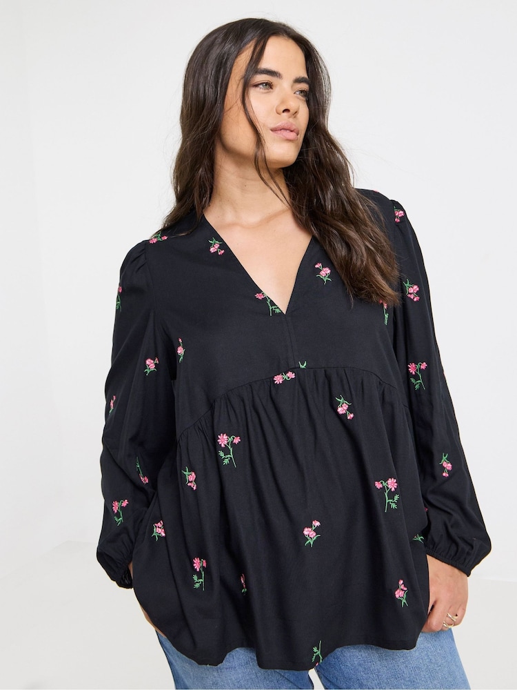 Simply Be Black Embroidered Floral V-Neck Blouse - Image 1 of 4 Simply Be Black Embroidered Floral V-Neck Blouse - Image 1 of 4