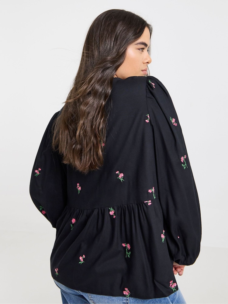 Simply Be Black Embroidered Floral V-Neck Blouse - Image 2 of 4 Simply Be Black Embroidered Floral V-Neck Blouse - Image 2 of 4
