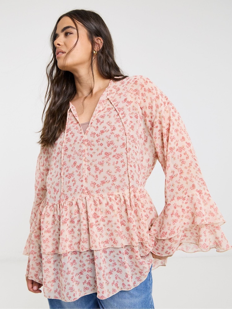 Simply Be Pink Ruffle Georgette Smock Blouse - Image 1 of 4 Simply Be Pink Ruffle Georgette Smock Blouse - Image 1 of 4